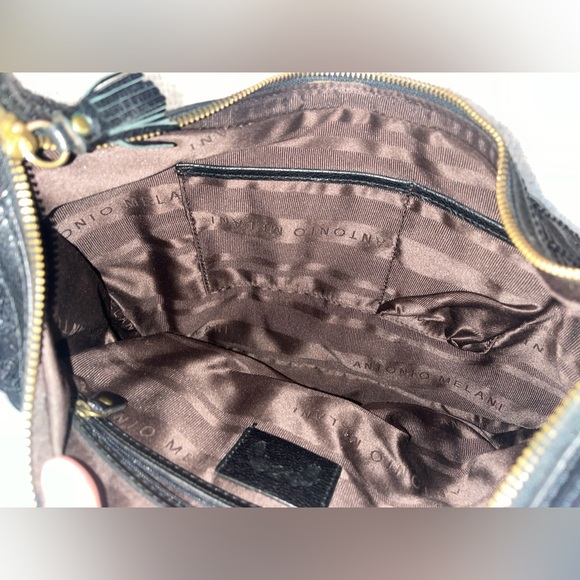 Antonio Melani Black Hobo Bag Glazed Quilted Leather Cargo Pockets Front U Bag - Picture 8 of 11